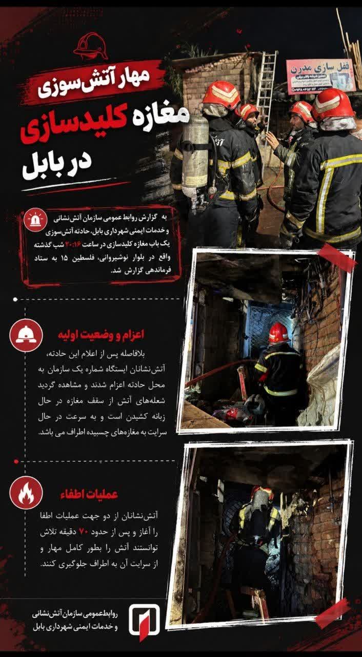 مهار آتش‌سوزی مغازه کلیدسازی در بابل