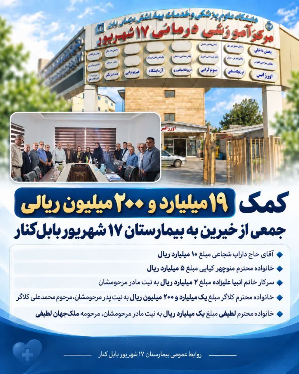 کمک 19 میلیارد و 200 میلیون ریالی جمعی از خیرین به بیمارستان 17 شهریور بابل‌کنار