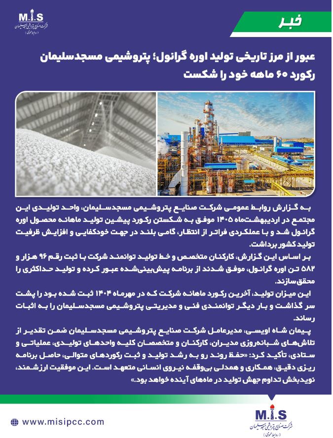 عبور از مرز تاريخي توليد اوره گرانول؛ پتروشيمي مسجدسليمان رکورد 60 ماهه خود را شکست