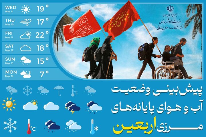 اطلاع‌نگاشت| پيش‌بيني وضعيت آب‌وهواي پايانه‌هاي مرزي ويژه اربعين از 10 الي 14 مرداد
