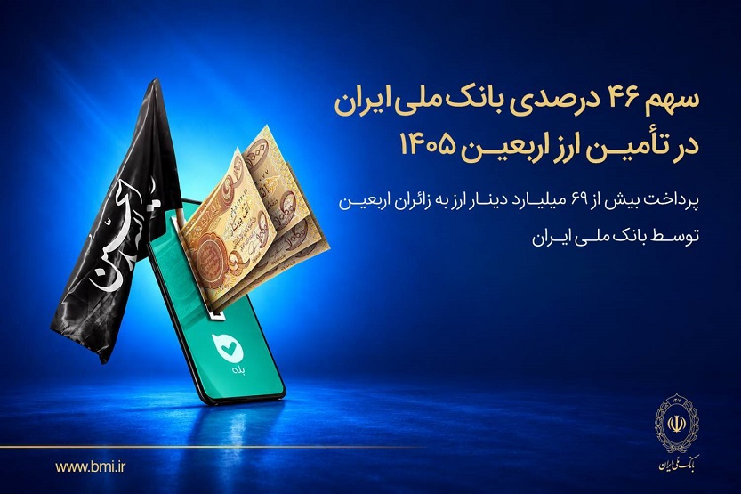 سهم 46 درصدی بانک ملی ایران در تأمین ارز اربعین 1405/ پرداخت بیش از 69 میلیارد دینار ارز به زائرین اربعین توسط بانک ملی ایران