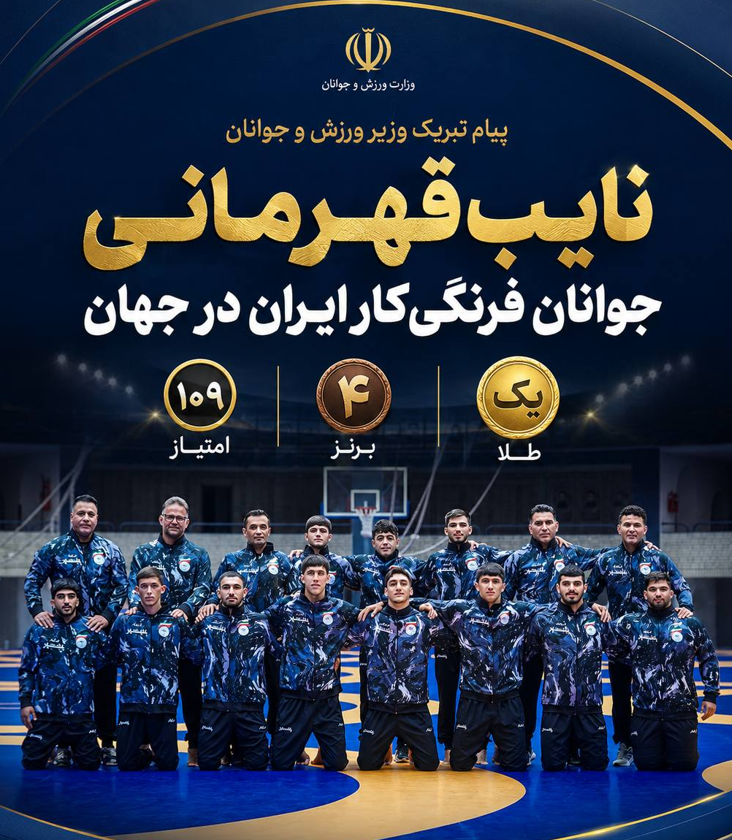 پیام تبریک وزیر ورزش و جوانان به تیم کشتی فرنگی جوانان ایران